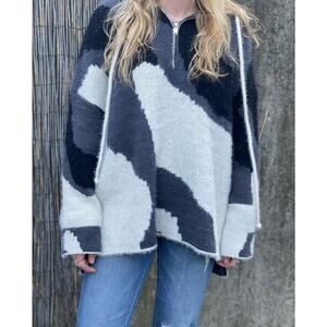 POL Black Cream Gray ¼ Zip Hooded Eyelash Knit Boxy Sweater Size M